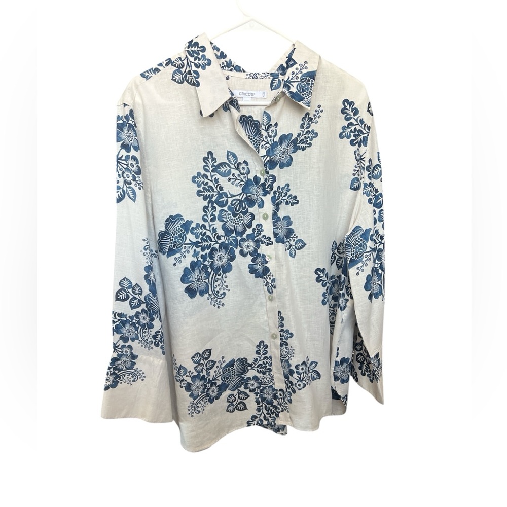 Chico’s no iron 100% linen floral blouse 3/4 length sleeve size 3.5